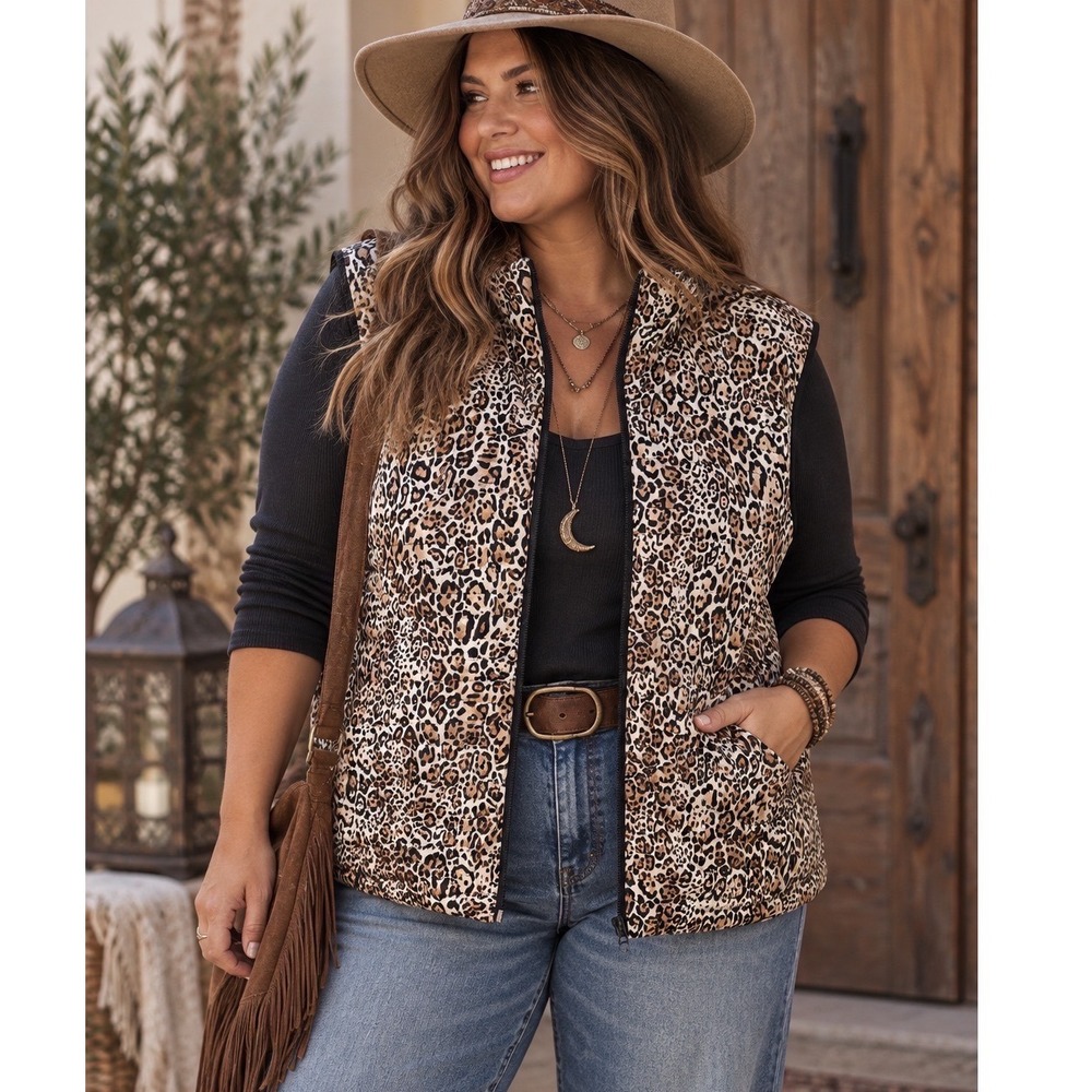 Weekends by Chico's Leopard Hooded Quilted Puffer Vest Tan Black Size 3 (XL/16)